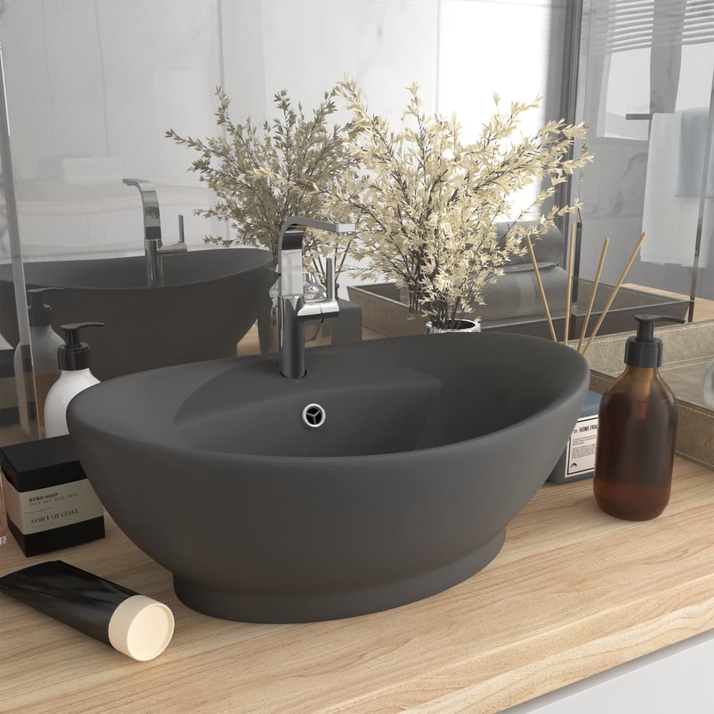 Luxus-Waschbecken Überlauf Oval Matt-Weiß 58,5x39 cm Keramik