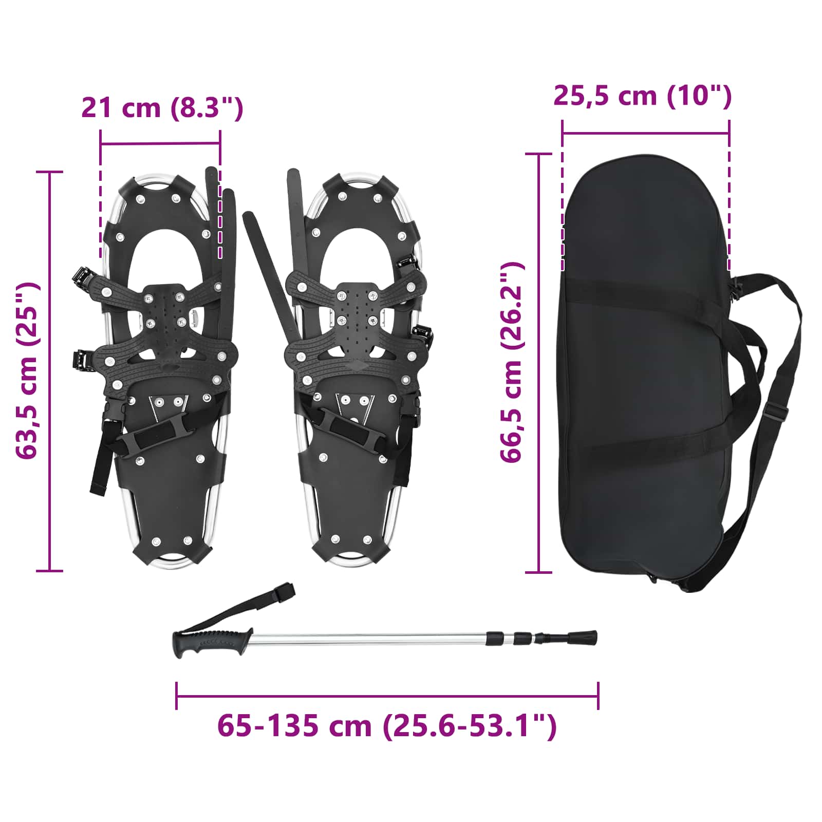3 in 1 Schneeschuhe Silber und Schwarz 53,5 x 21 cm