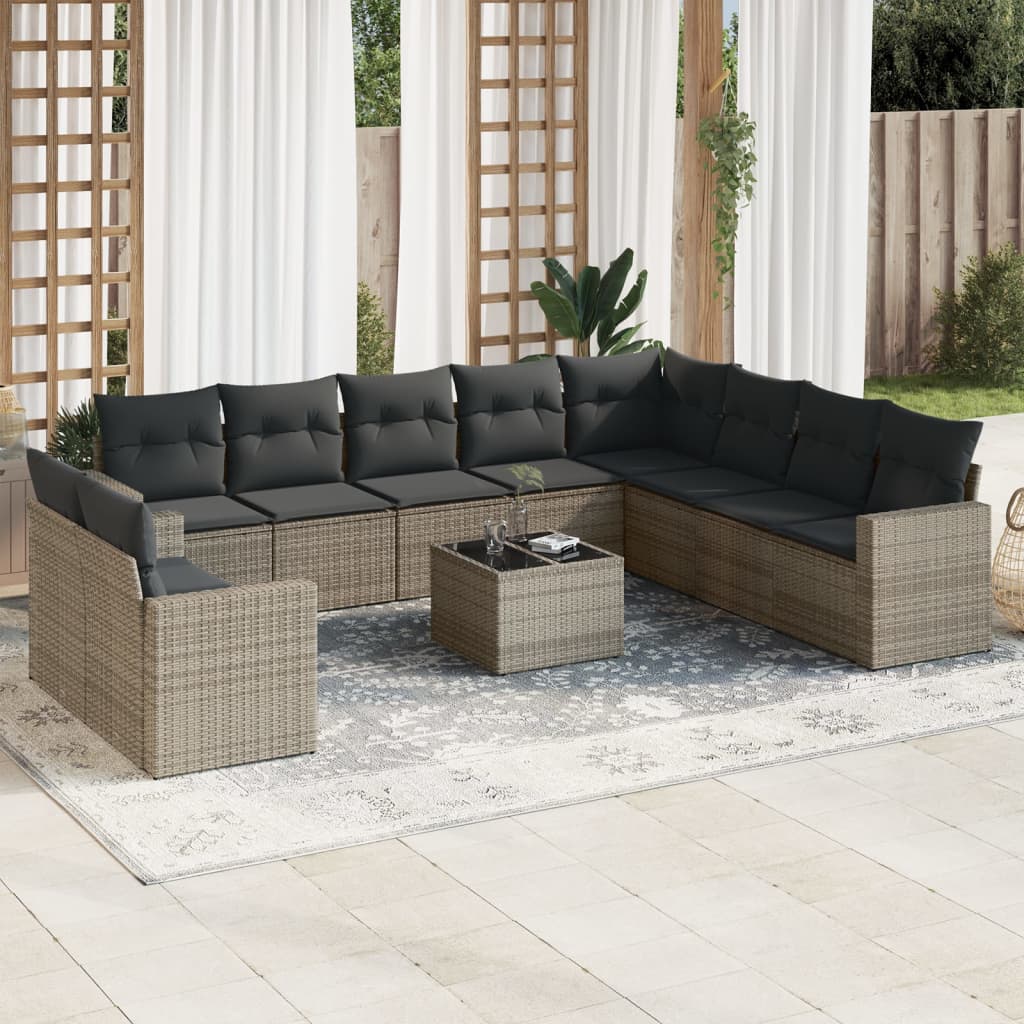 10-tlg. Garten-Sofagarnitur mit Kissen Schwarz Poly Rattan