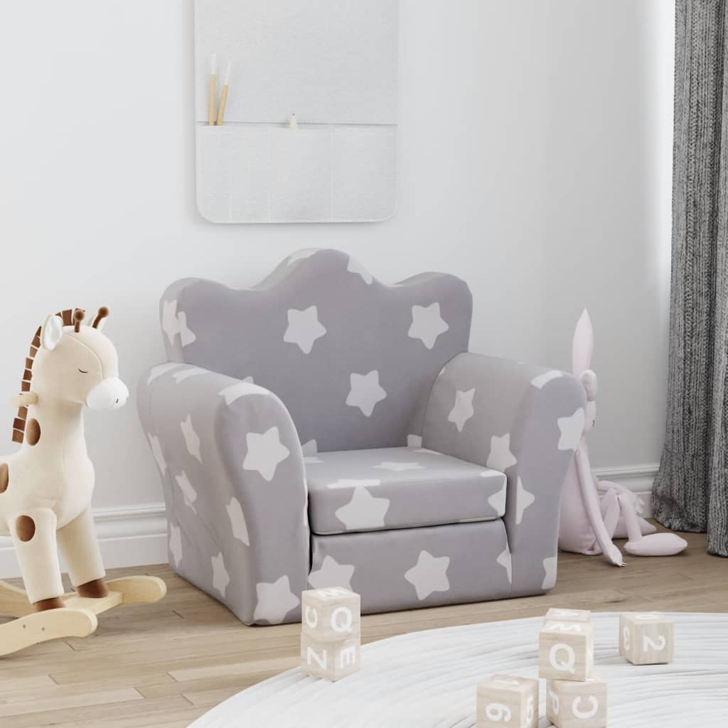 Kindersofa Hellgrau mit Sternen Weich Plüsch