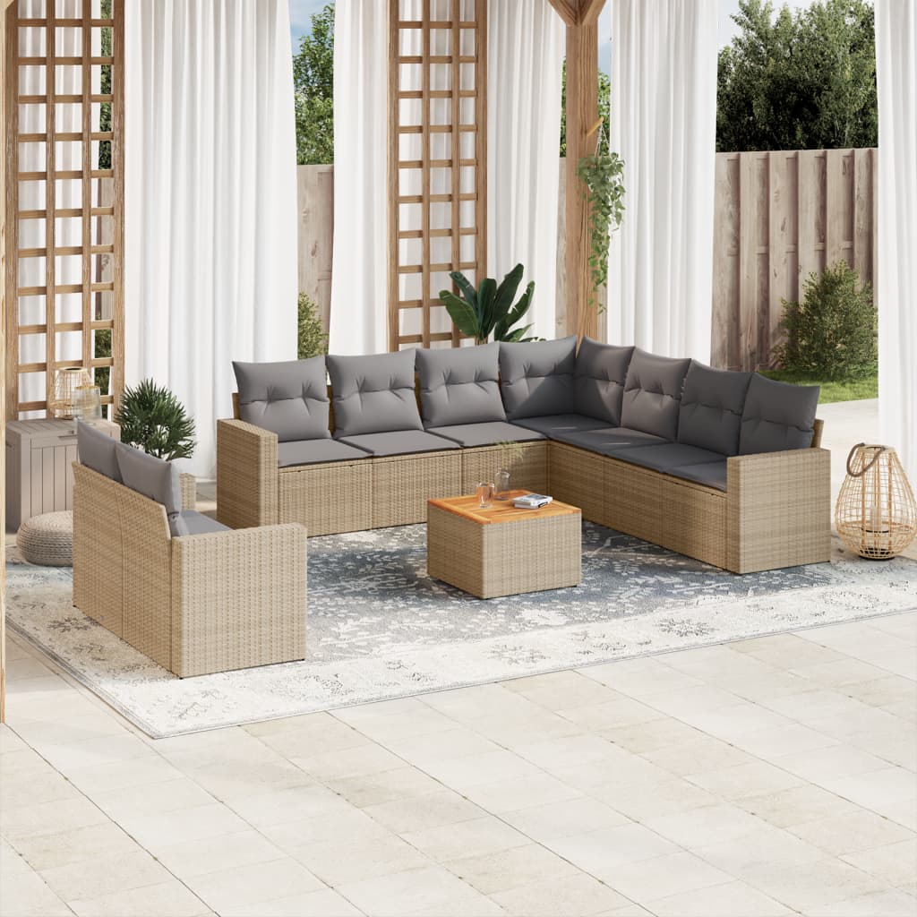 10-tlg. Garten-Sofagarnitur mit Kissen Schwarz Poly Rattan