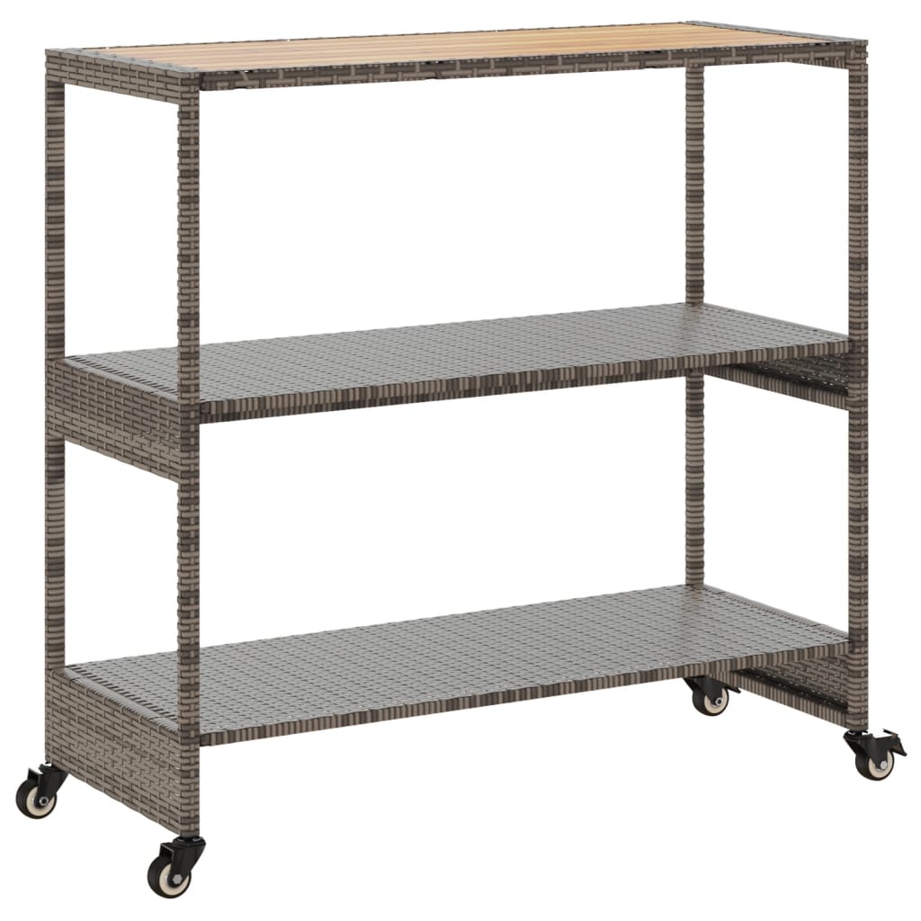Barwagen 3 Böden Schwarz Poly Rattan und Massivholz Akazie