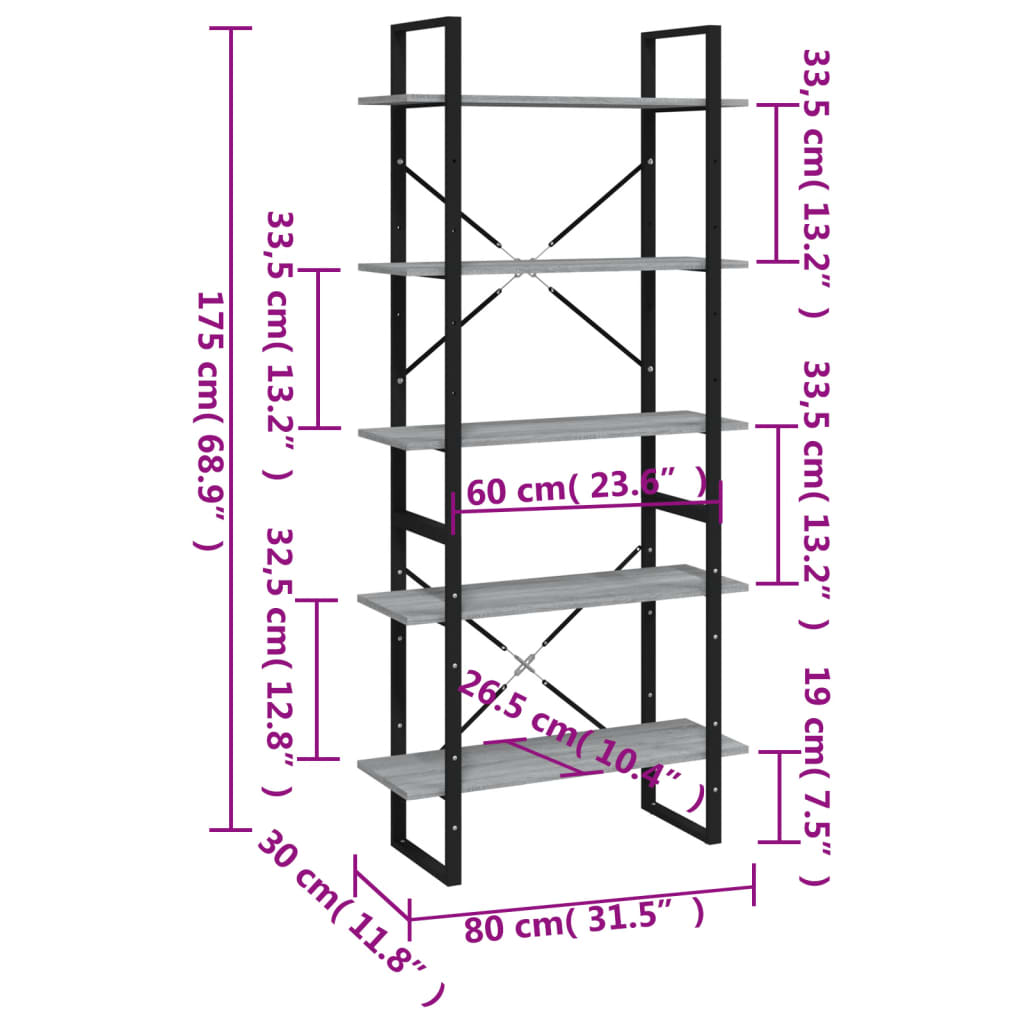 Bücherregal 5 Fächer Weiß 40x30x175 cm Holzwerkstoff