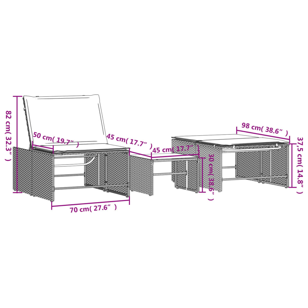 Modulare Sonnenliegen 2 Stk. mit Tisch Schwarz Poly Rattan