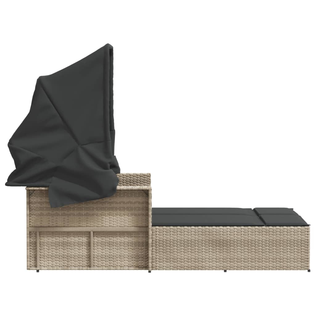 Doppel-Sonnenliege mit Dach und Auflagen Schwarz Poly Rattan