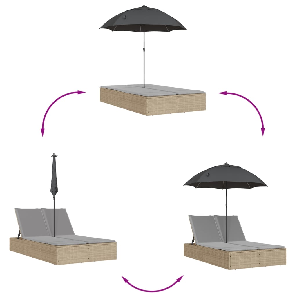 Doppel-Sonnenliege mit Kissen&Sonnenschirm Schwarz Poly Rattan