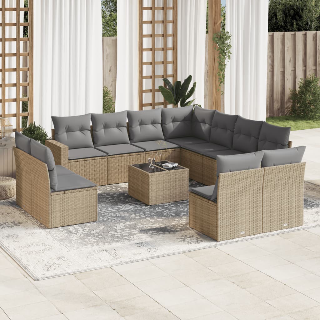 11-tlg. Garten-Sofagarnitur mit Kissen Schwarz Poly Rattan
