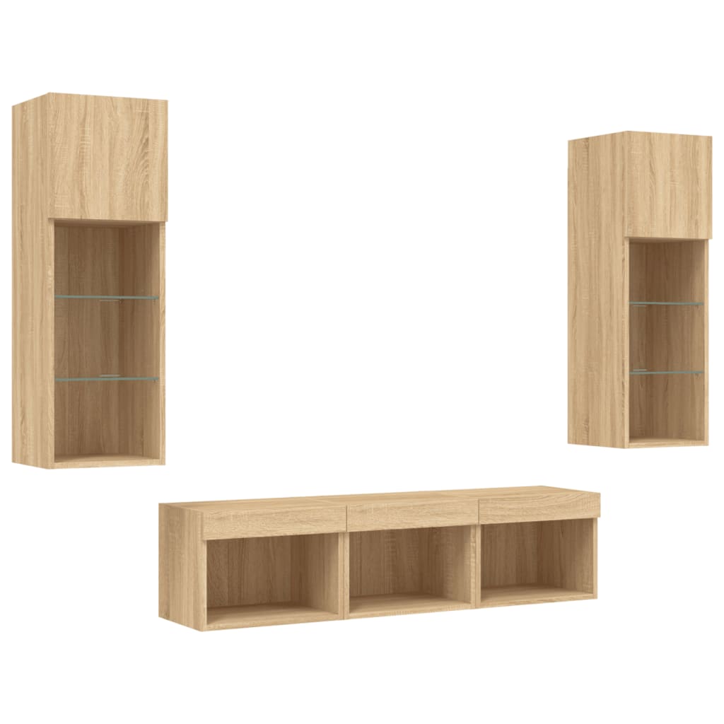 5-tlg. Wohnwand mit LED-Beleuchtung Weiß Holzwerkstoff