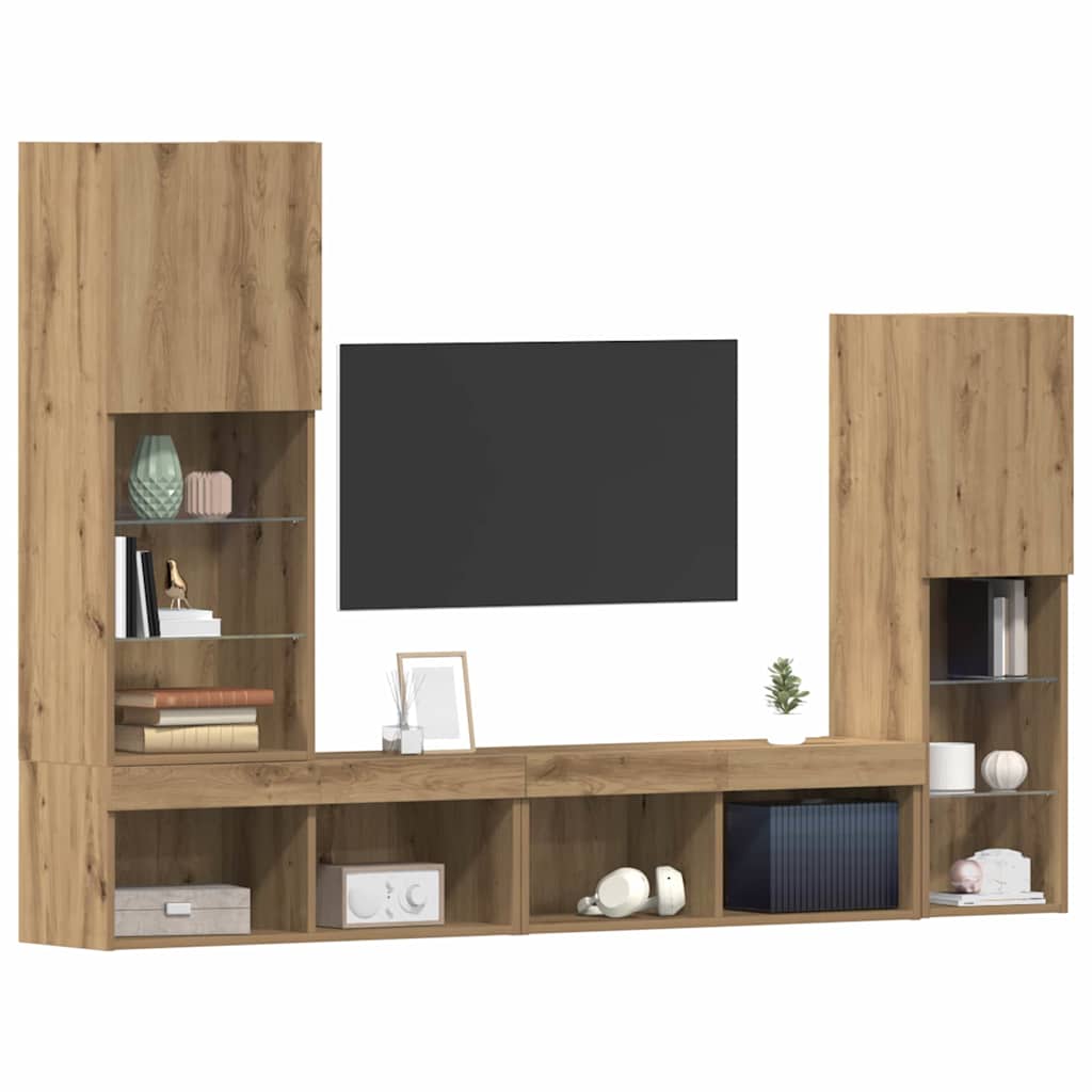 4-tlg. Wohnwand mit LED-Beleuchtung Weiß Holzwerkstoff
