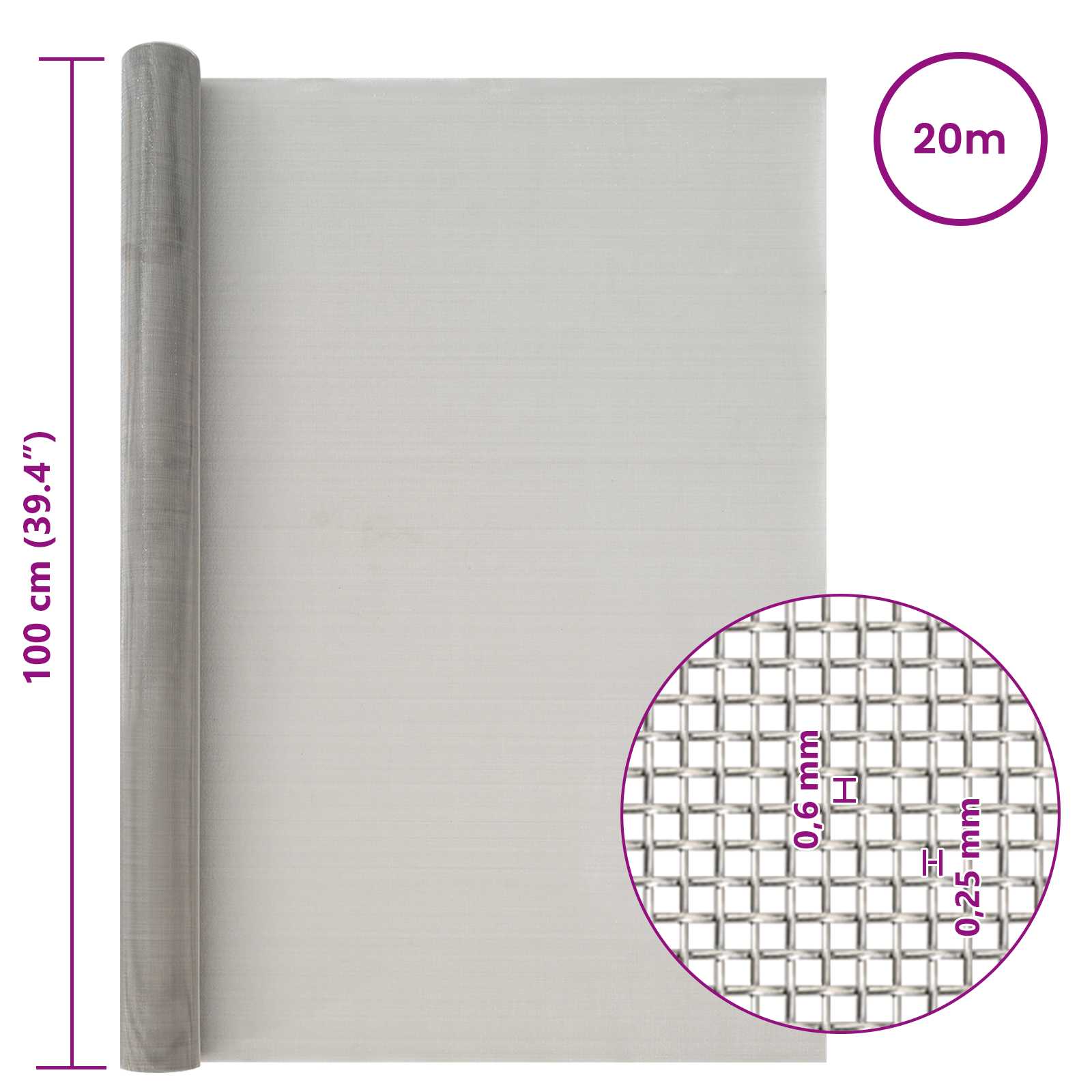 Mesh Bildschirm 20 x 500 cm 20 Mesh Edelstahl 201 Silber