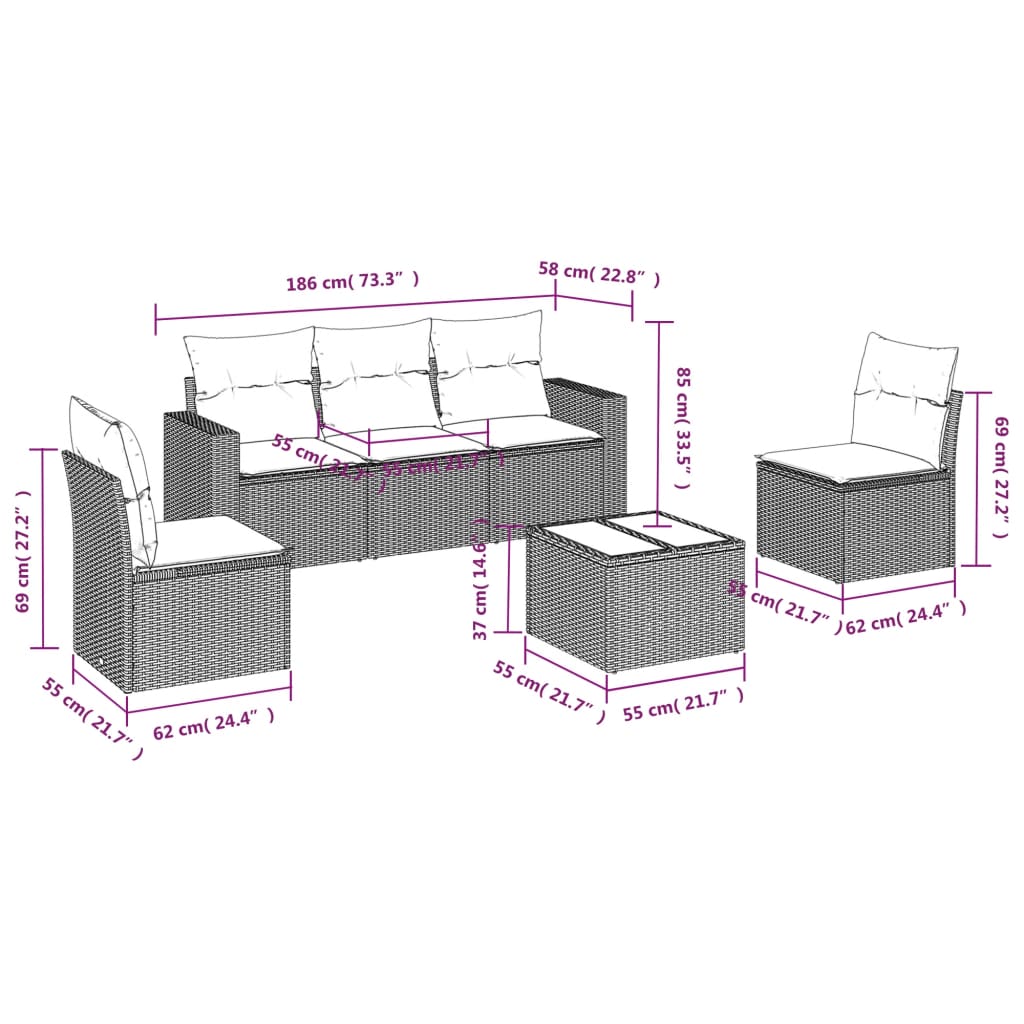 5-tlg. Garten-Sofagarnitur mit Kissen Schwarz Poly Rattan