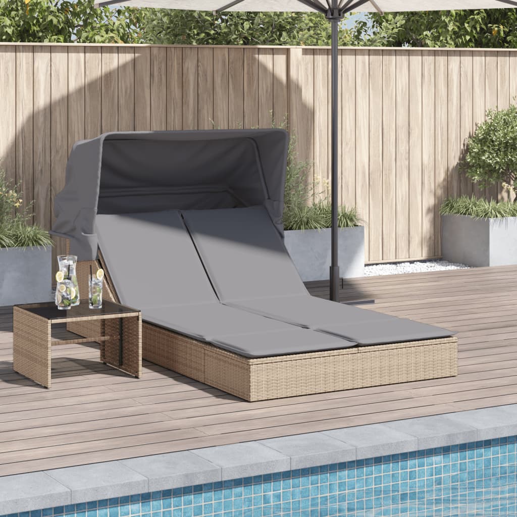 Doppel-Sonnenliege mit Dach und Auflagen Braun Poly Rattan