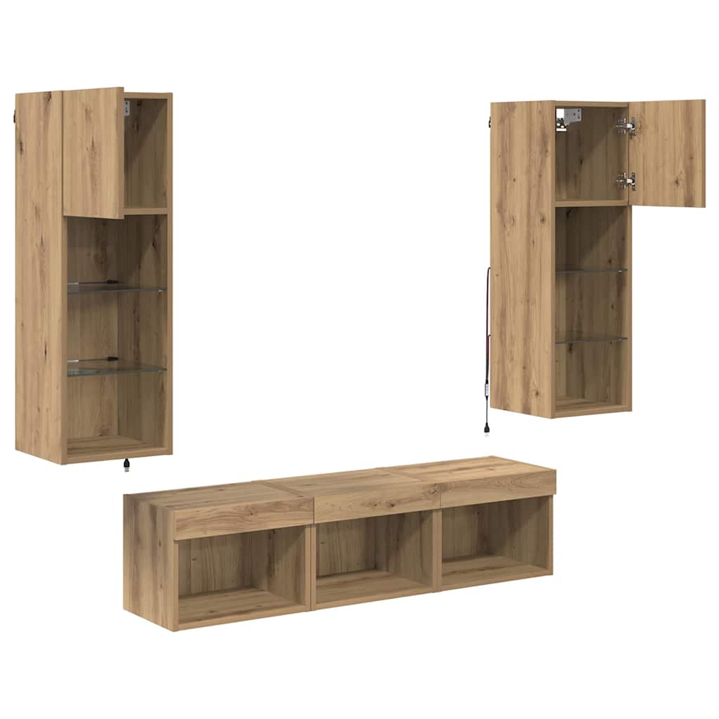 5-tlg. Wohnwand mit LED-Beleuchtung Weiß Holzwerkstoff