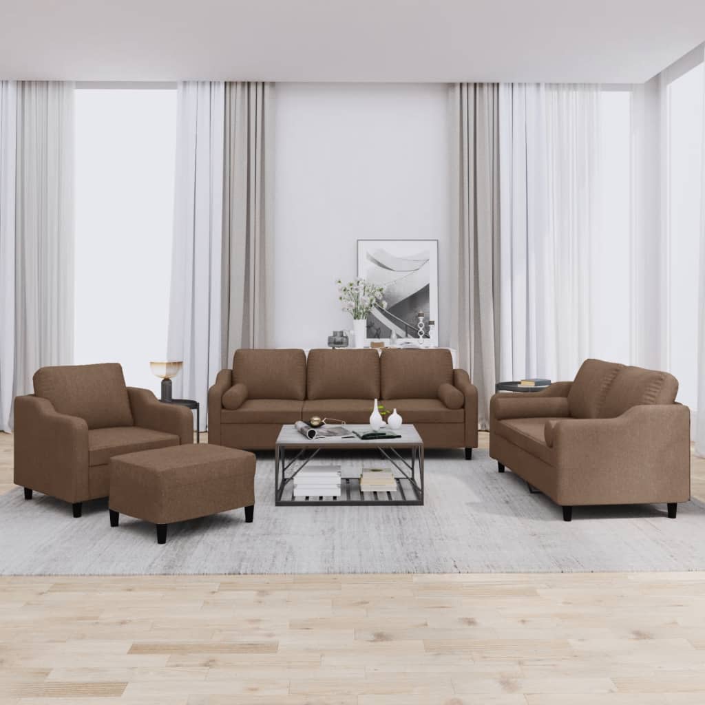 4-tlg. Sofagarnitur mit Kissen Braun Stoff