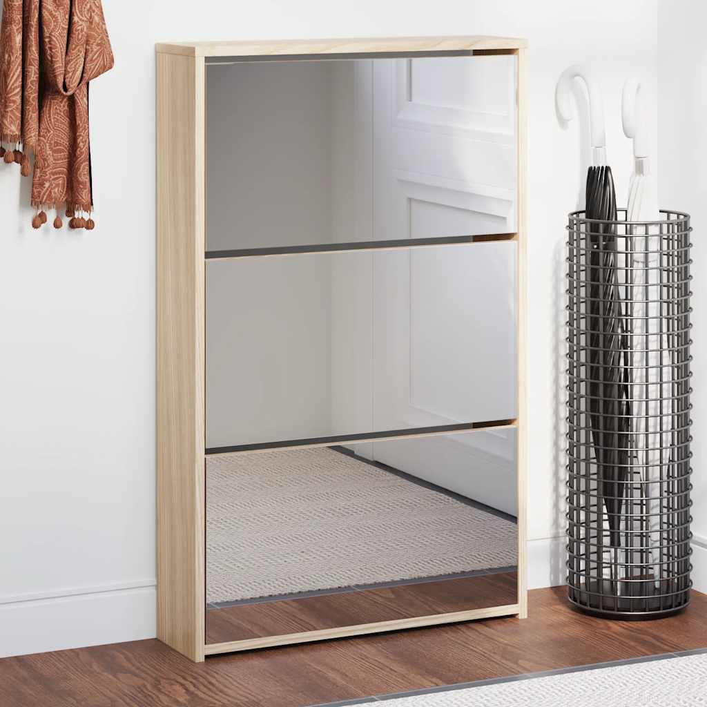 Schuhschrank mit 2 Fächern Spiegel Eiche-Optik 63x17x67 cm