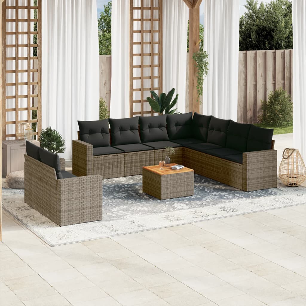 10-tlg. Garten-Sofagarnitur mit Kissen Schwarz Poly Rattan
