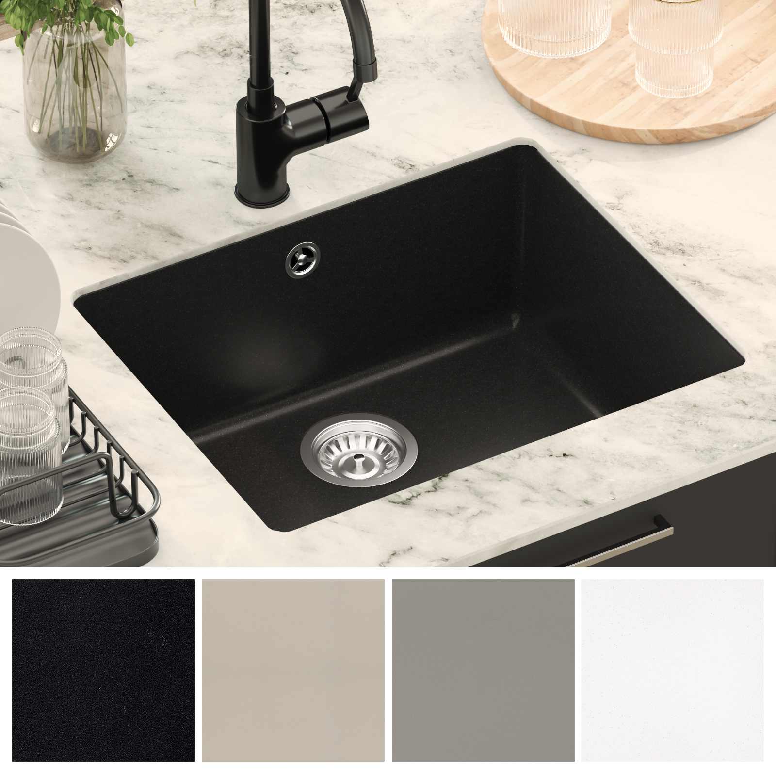 Waschbecken Schwarz 370 x 460 mm 80% Quarz und 20% Harz