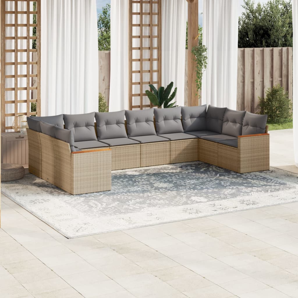 10-tlg. Garten-Sofagarnitur mit Kissen Schwarz Poly Rattan