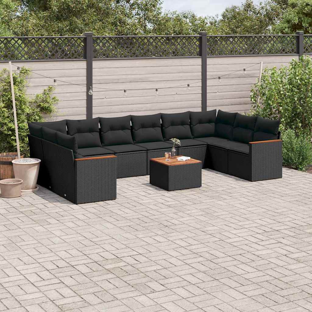 10-tlg. Garten-Sofagarnitur mit Kissen Schwarz Poly Rattan