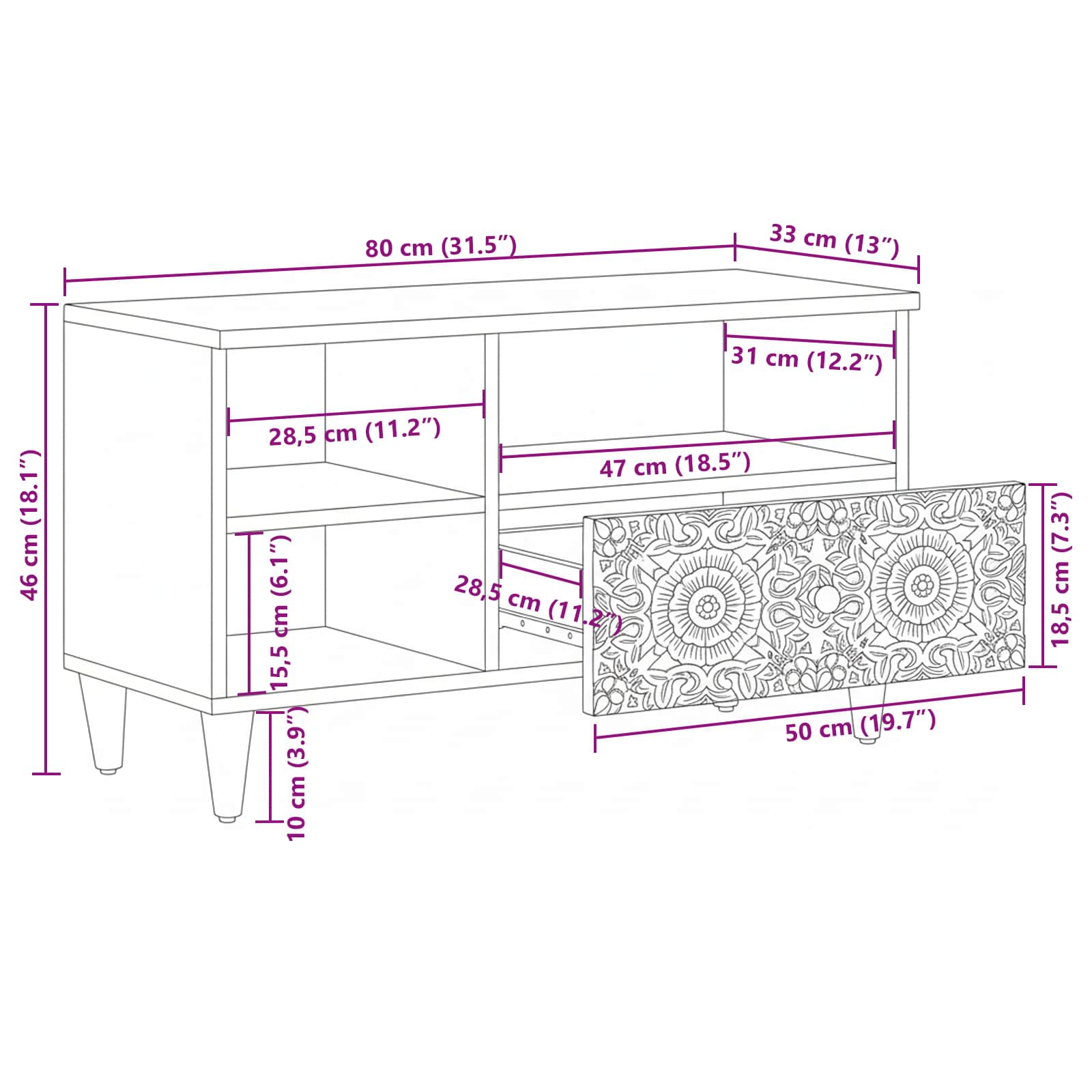 TV-Schränk mit Regal Braun 80 x 33,5 x 46 cm Massivholz Mango