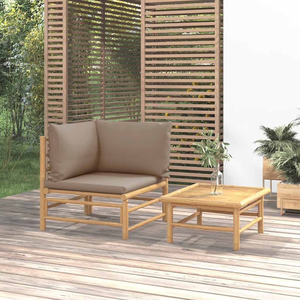 3-tlg. Garten-Lounge-Set mit Hellgrauen Kissen Bambus