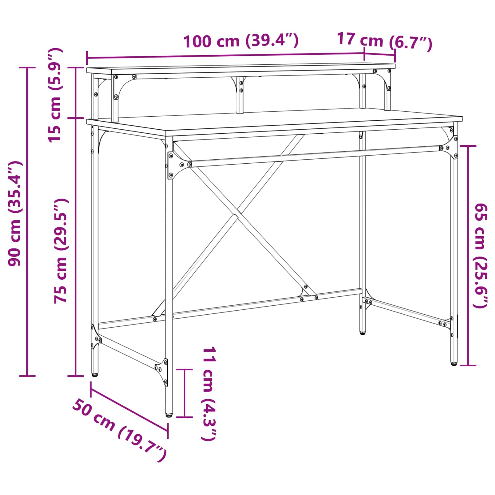 Schreibtisch Sonoma-Eiche 100x50x90 cm Holzwerkstoff und Eisen