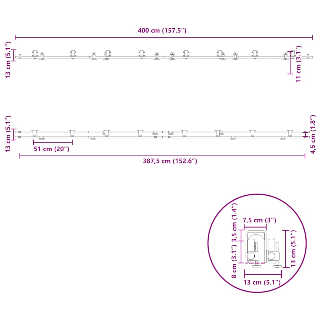 Schiebetür-Beschlagsatz 200 cm Edelstahl Silbern