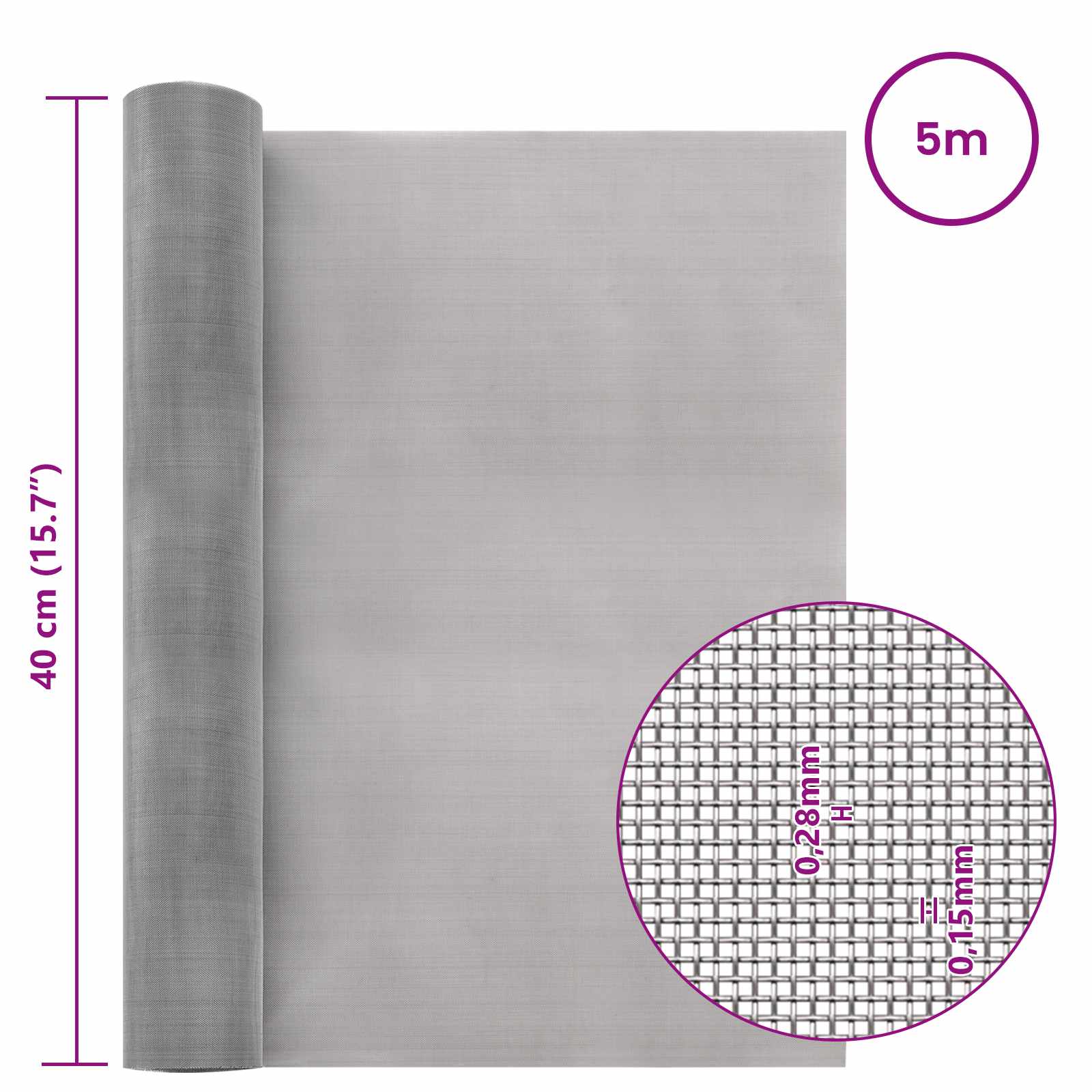 Mesh Bildschirm 20 x 500 cm 20 Mesh Edelstahl 201 Silber