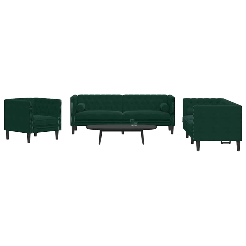 3-tlg. Chesterfield-Sofa-Set mit Nackenrollen Hellgrau Samt