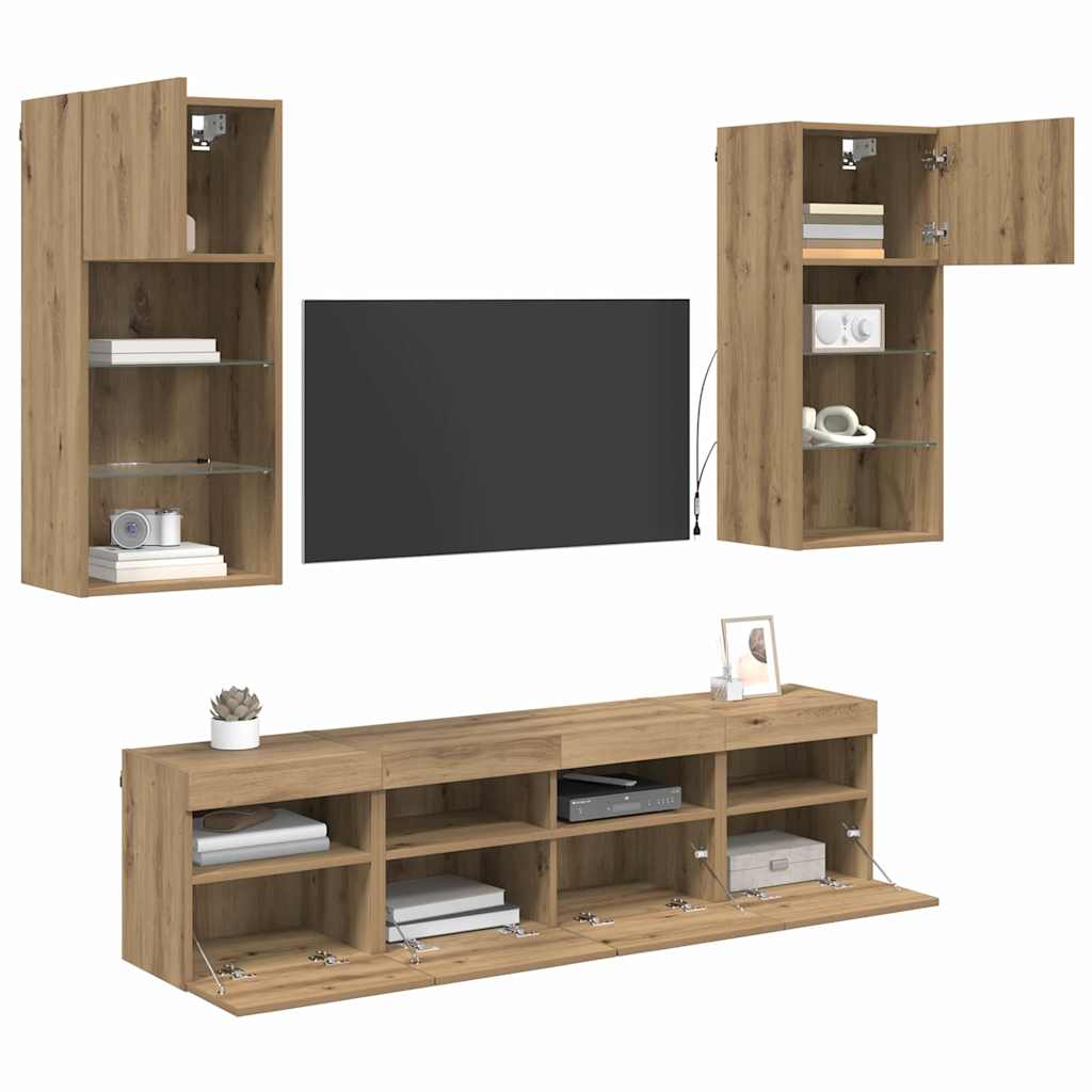 5-tlg. Wohnwand mit LED-Beleuchtung Weiß Holzwerkstoff