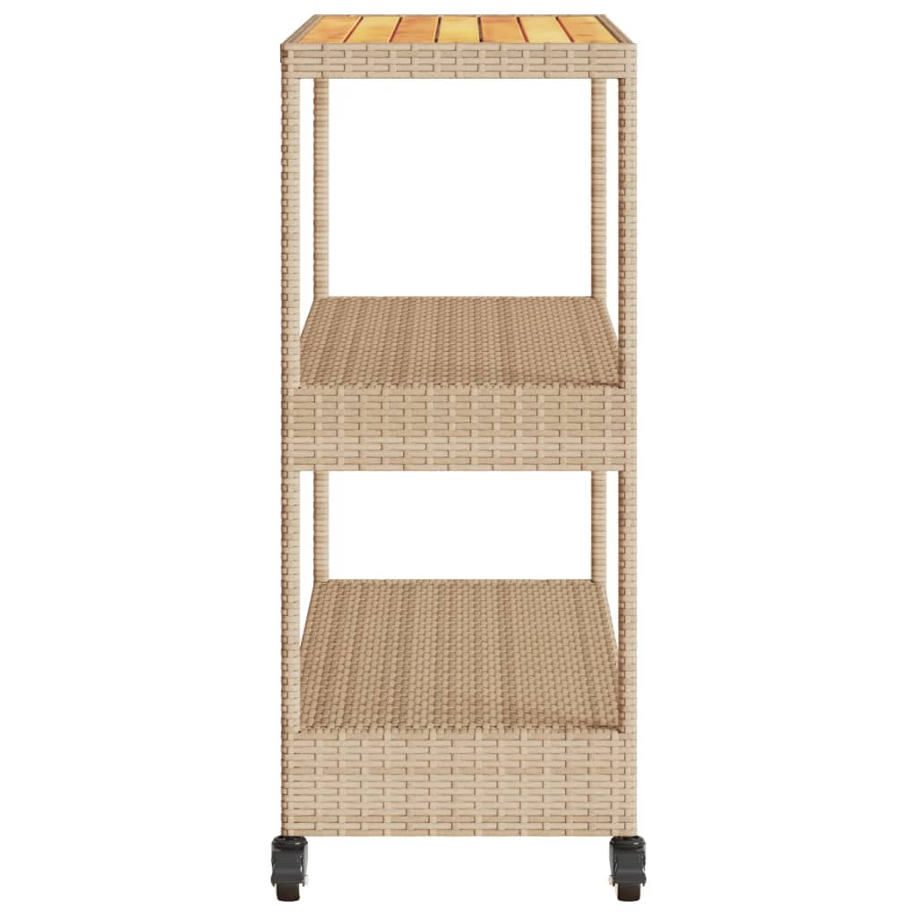 Barwagen 3 Böden Schwarz Poly Rattan und Massivholz Akazie