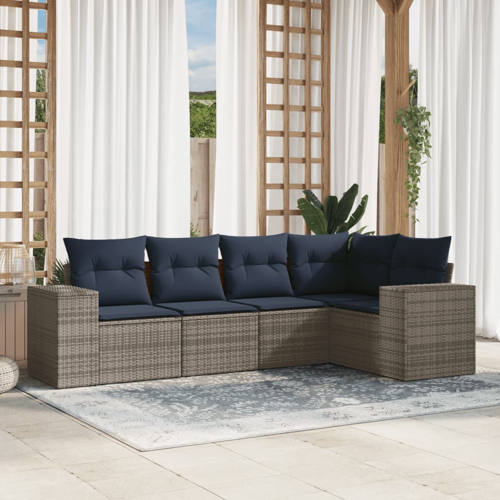 5-teiliges Gartensofa-Set mit Kissen, schwarzes Polyrattan