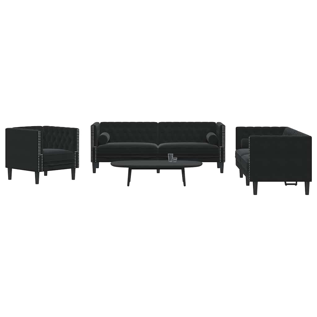 3-tlg. Chesterfield-Sofa-Set mit Nackenrollen Hellgrau Samt