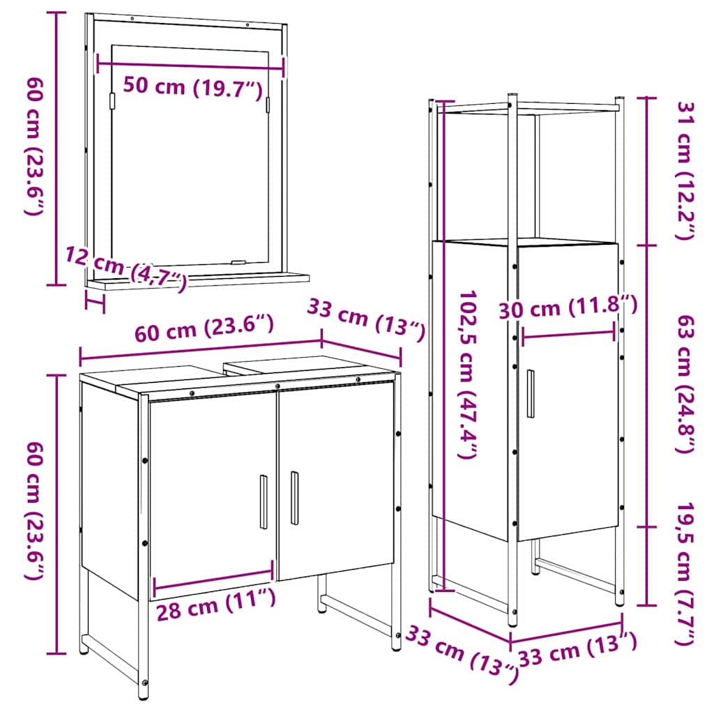 3-tlg. Badmöbel-Set Räuchereiche Holzwerkstoff