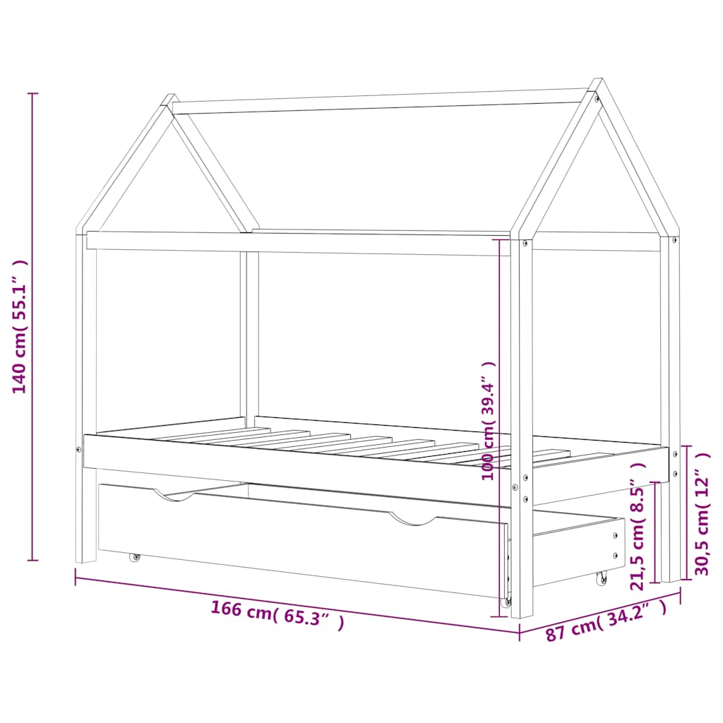 Kinderbett mit Schublade Massivholz Kiefer 70x140 cm