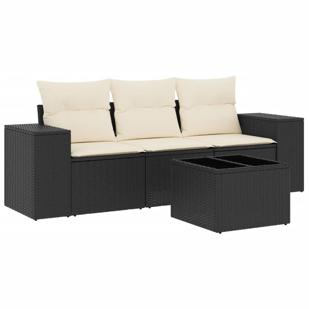 3-tlg. Garten-Sofagarnitur mit Kissen Schwarz Poly Rattan