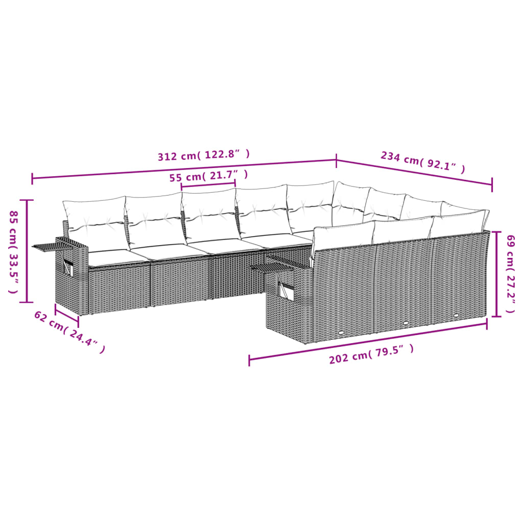10-teiliges Gartensofa-Set mit Kissen, schwarzes Polyrattan