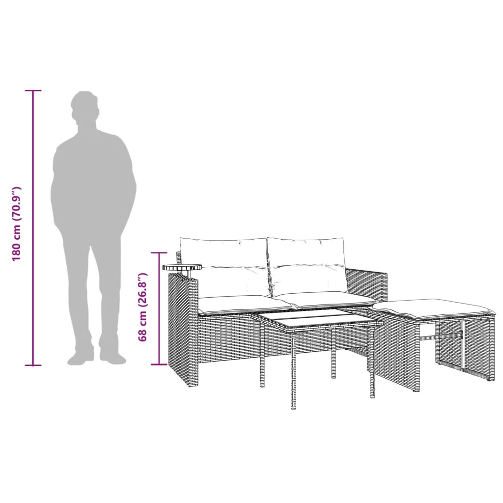 3-tlg. Garten-Sofagarnitur mit Kissen Schwarz Poly Rattan