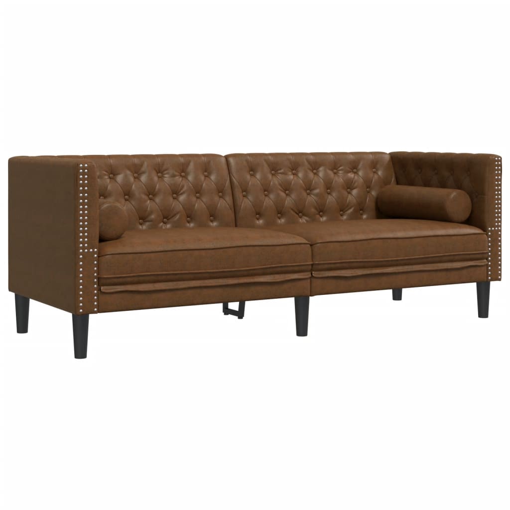3-tlg. Chesterfield-Sofa-Set mit Nackenrollen Hellgrau Samt