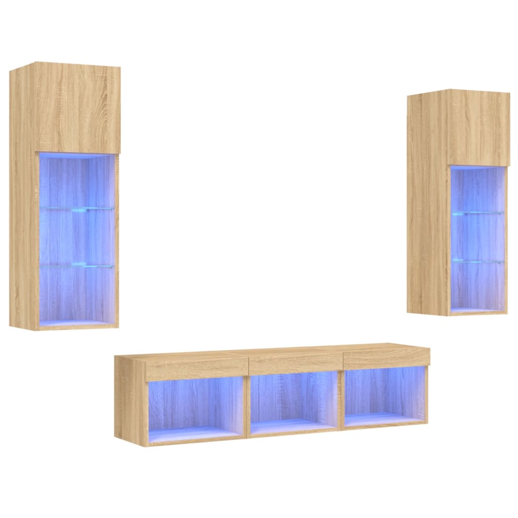 5-tlg. Wohnwand mit LED-Beleuchtung Weiß Holzwerkstoff