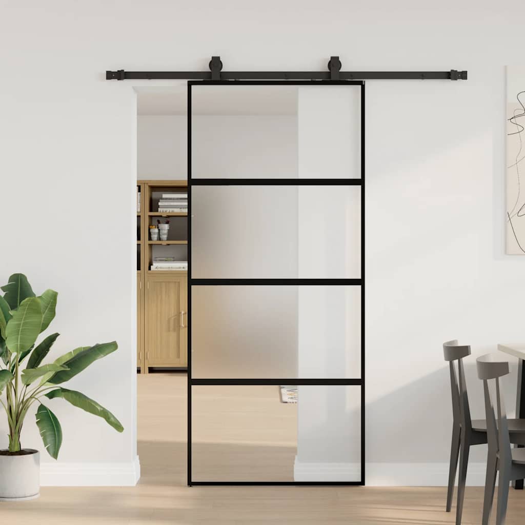 Schiebetür mit Beschlag Schwarz 76x205 cm Hartglas