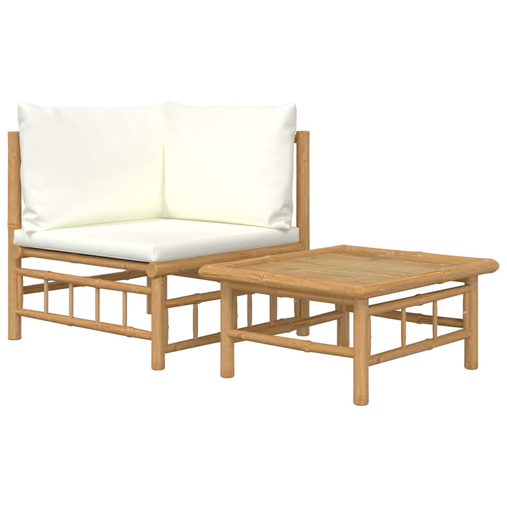 3-tlg. Garten-Lounge-Set mit Kissen Creme Bambus
