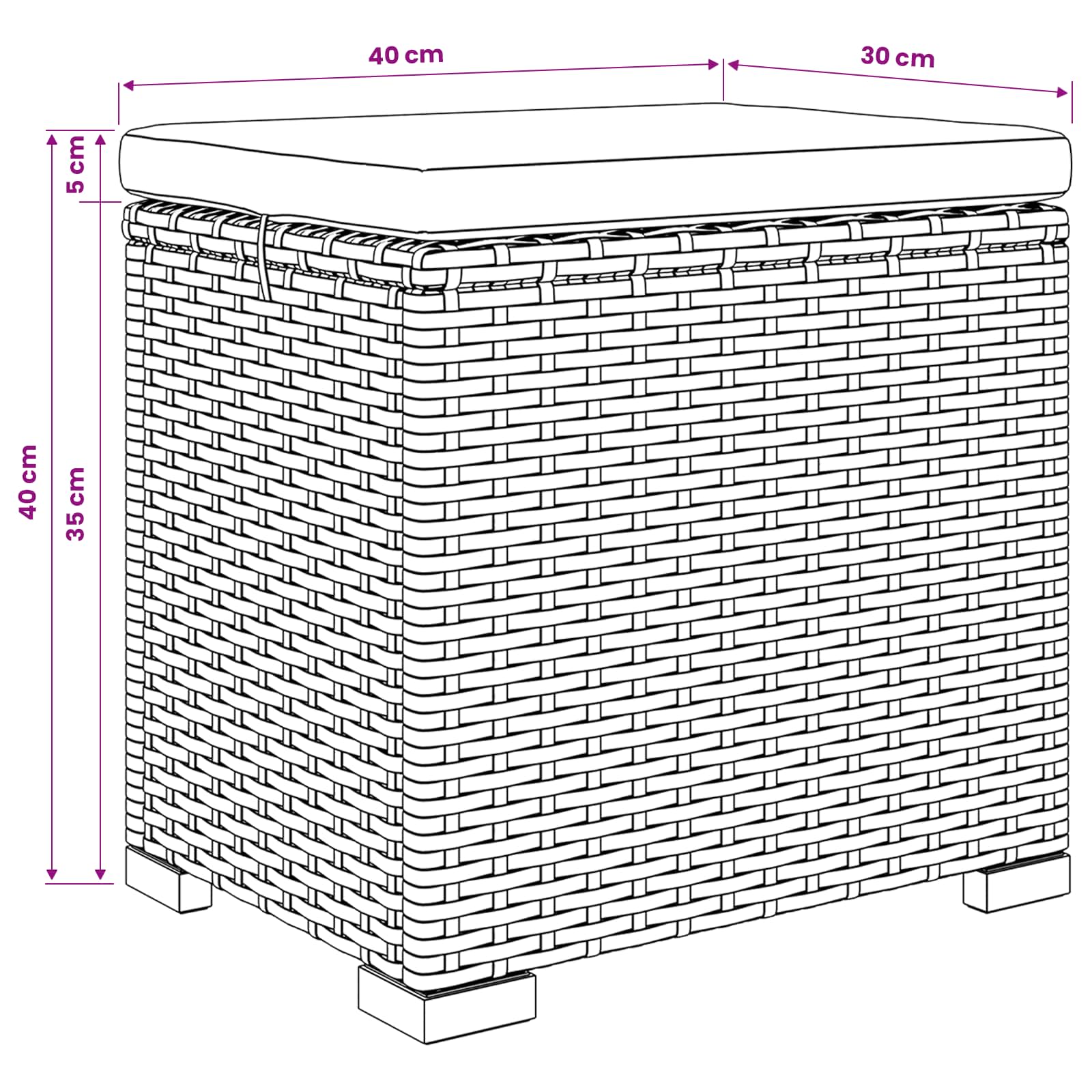 Hocker mit Kissen Schwarz 40x30x40 cm Poly Rattan