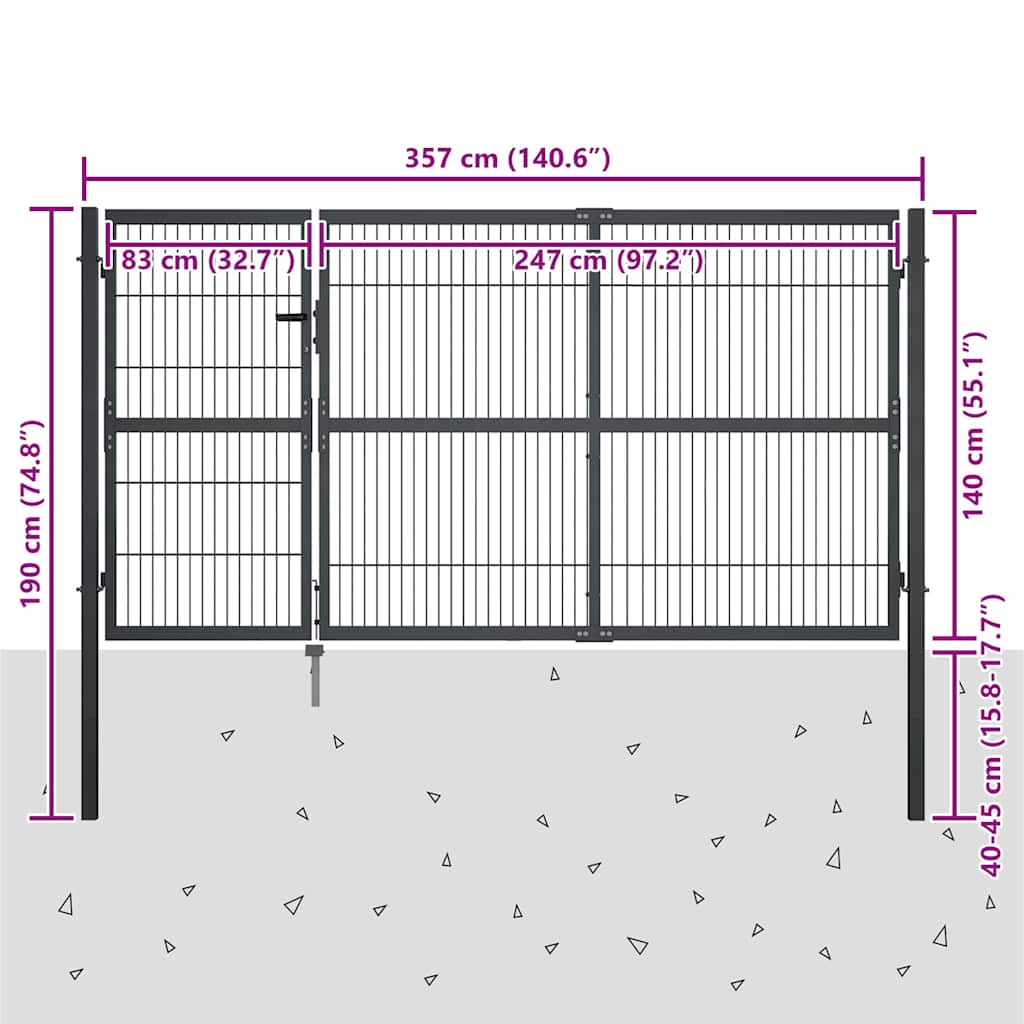 Gartentor mit Pfosten Stahl 350 x 100 cm Anthrazit