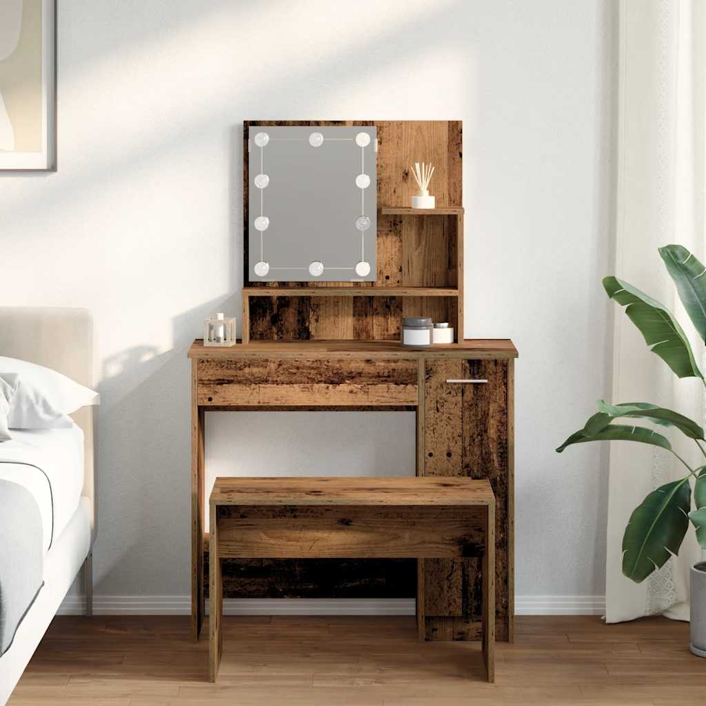 Schminktisch-Set mit LED Weiß Holzwerkstoff