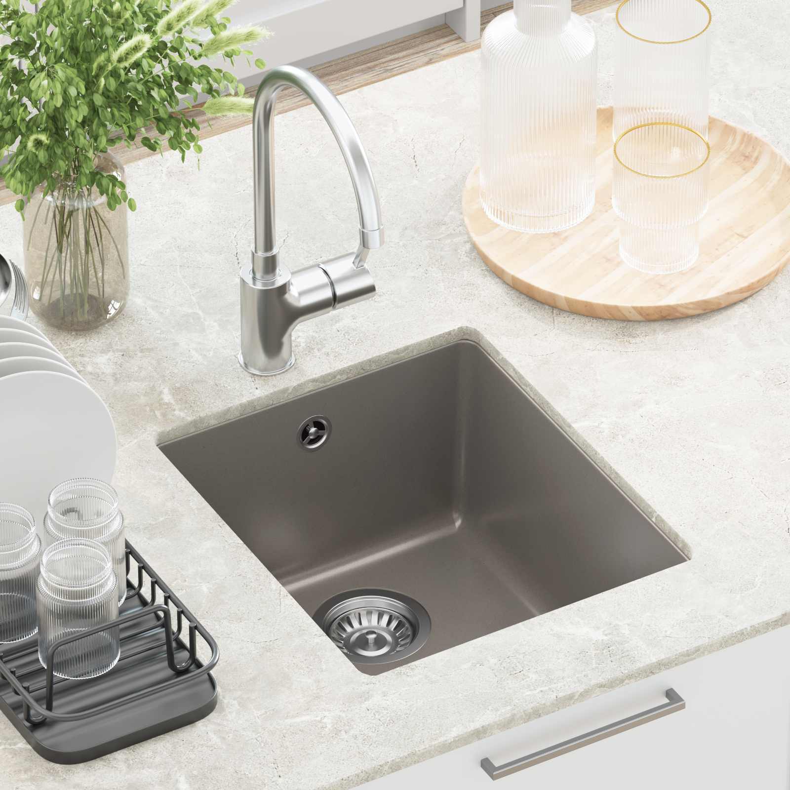 Waschbecken Schwarz 370 x 460 mm 80% Quarz und 20% Harz