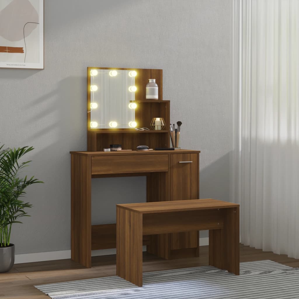 Schminktisch-Set mit LED Weiß Holzwerkstoff