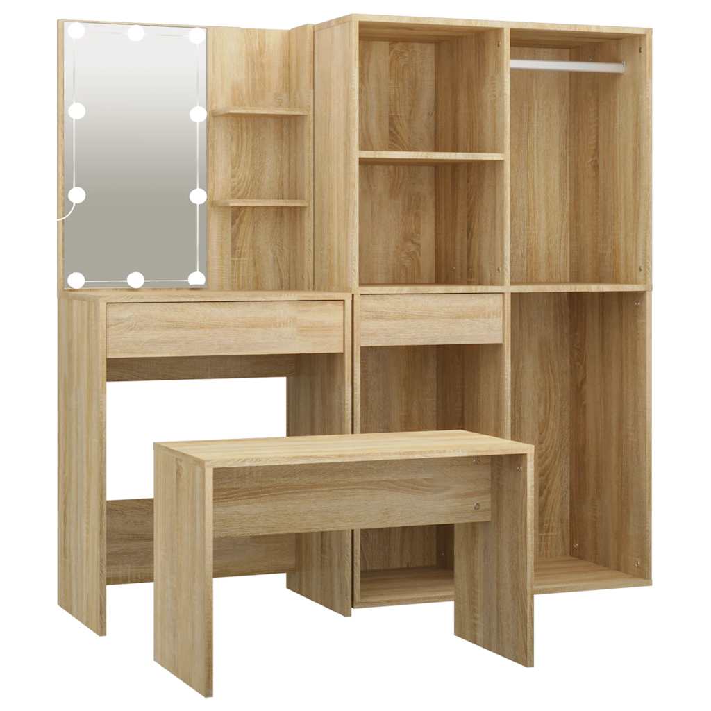 Schminktisch-Set mit LED Weiß Holzwerkstoff