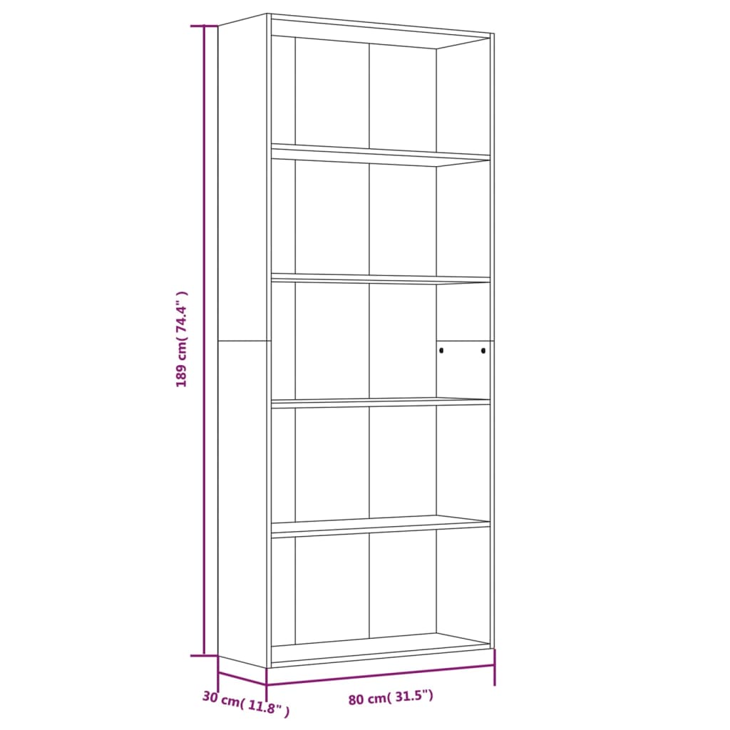 Bücherregal Schwarz Eichen-Optik 80x30x189 cm Holzwerkstoff