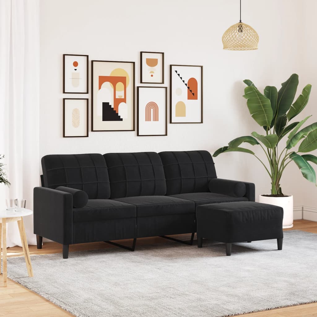 3-Sitzer-Sofa mit Hocker Hellgrau 180 cm Samt